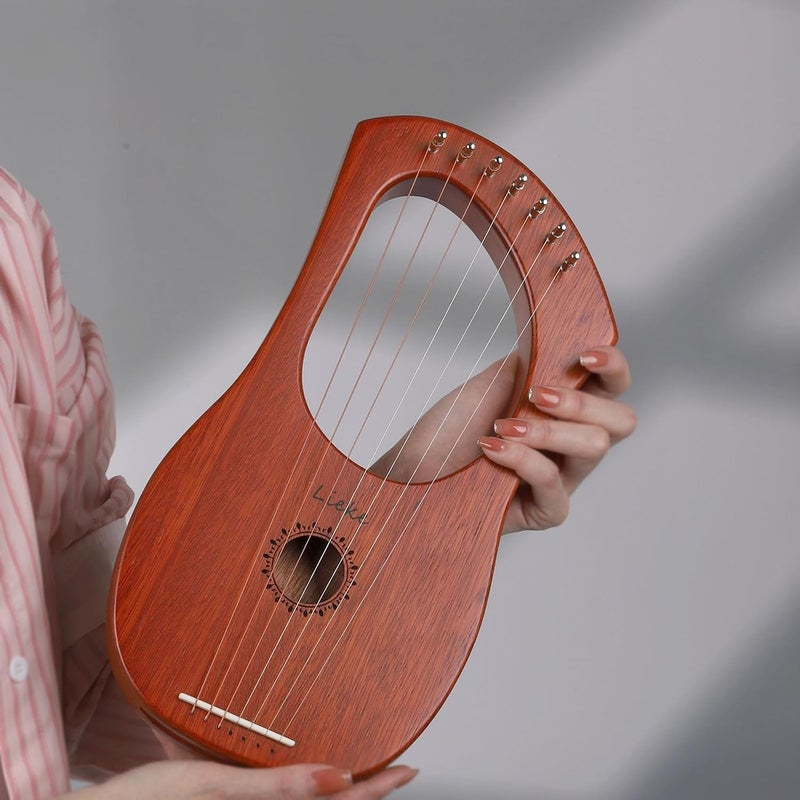 LIEKE 7 String Lyre Harp Instrument with Tuning Wrench,Metal Strings,Bag, Mahogany Body and Bone Saddle,Lyre Harp Kit Gift for Kids Adults Beginner - Image 2